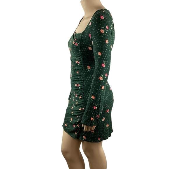 Free People Celia Mini Dress Emerald Jewel Combo Long Sleeve Ruched Size L - Picture 4 of 7